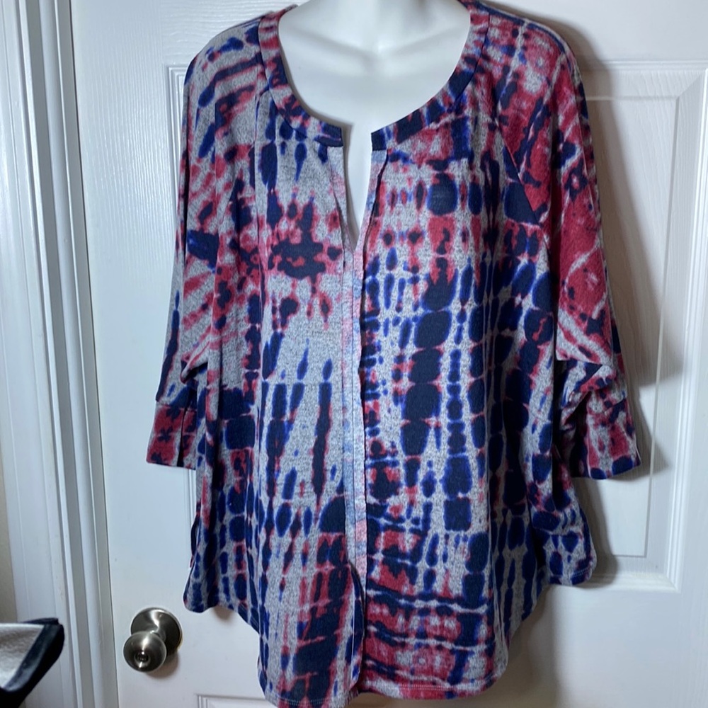 Eyeshadow Women Tie Dye Top V Neck 3/4 Sleeve Tunic Blouse Plus Size 2X